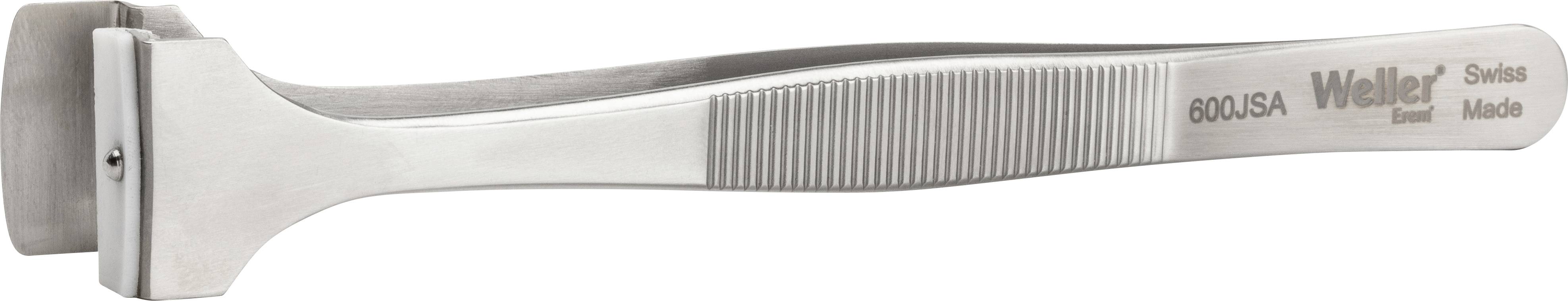 Ezüstszínű csipesz bordázott markolattal, 'Weller 600 USA Swiss Made' felirattal, precíziós munkákhoz alkalmas.