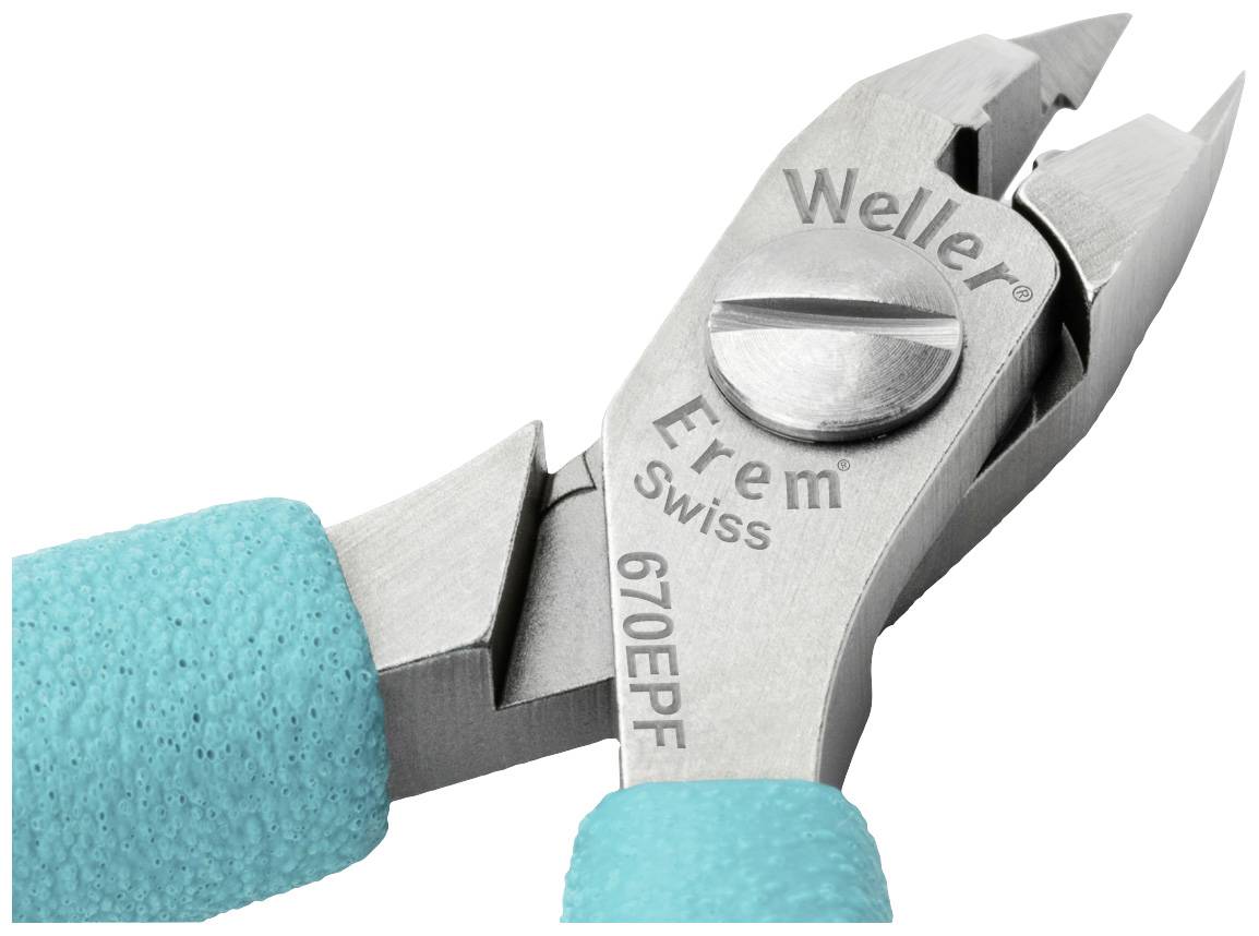 Fogó kék markolattal, fém pengékkel, 'Weller', 'Erem', 'Swiss' és '670EPF' nyomatokkal.