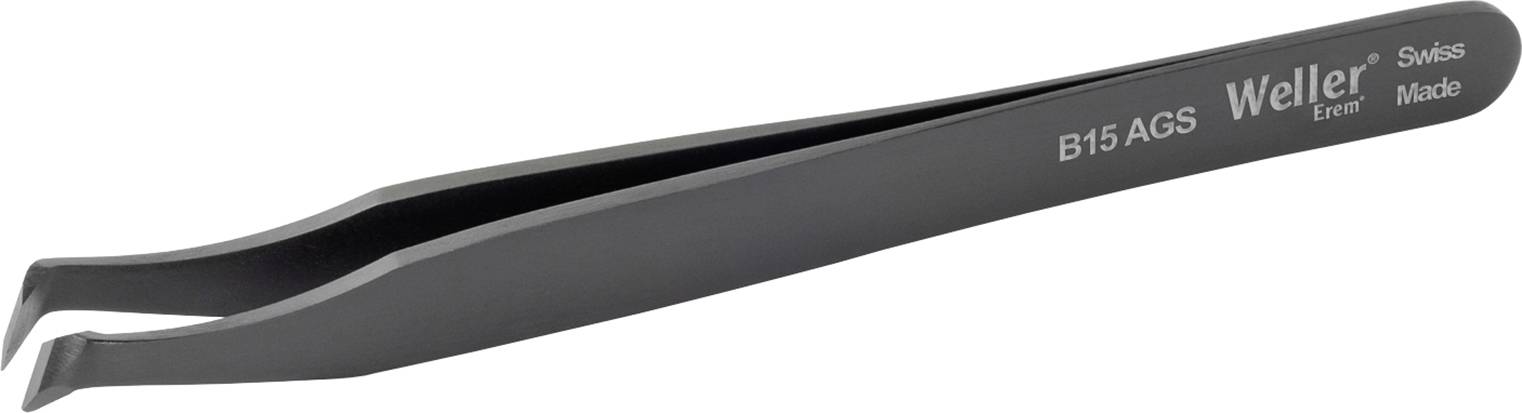 Fekete csipesz hajlított heggyel, 'Weller Erem Swiss Made B15 AGS' felirattal.
