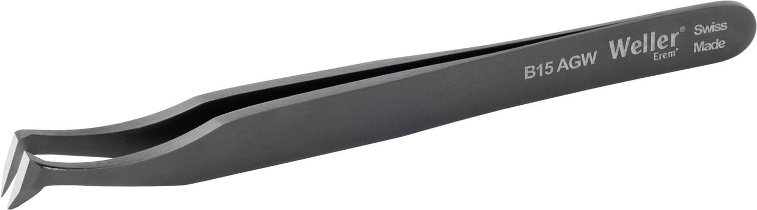 Egy fekete csipesz a Weller márkától, 'B15 AGW Swiss Made' felirattal, precíziós munkákhoz alkalmas.