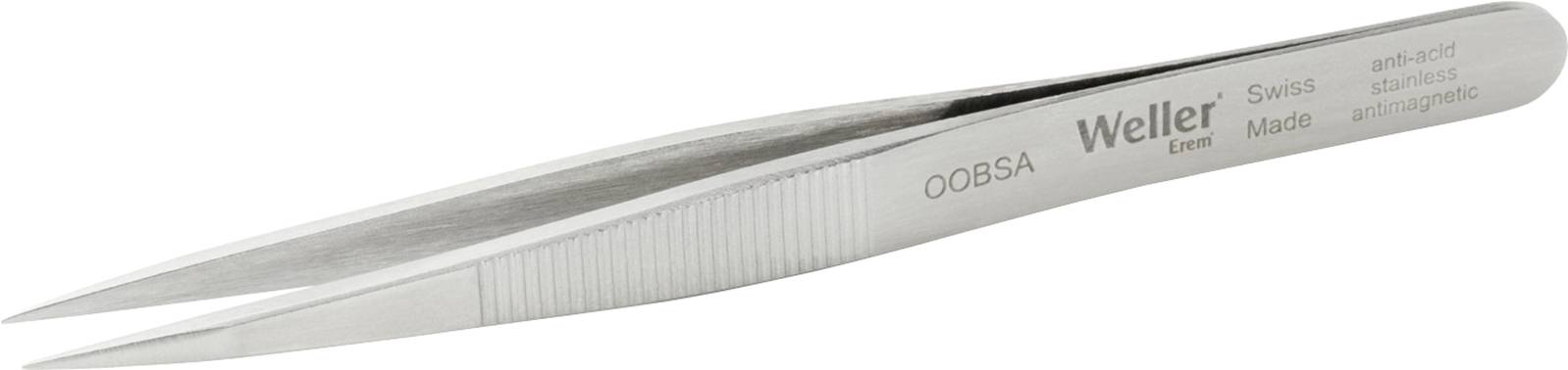 Egy ezüstszínű, hegyes végű csipesz "Weller Swiss Made" felirattal.