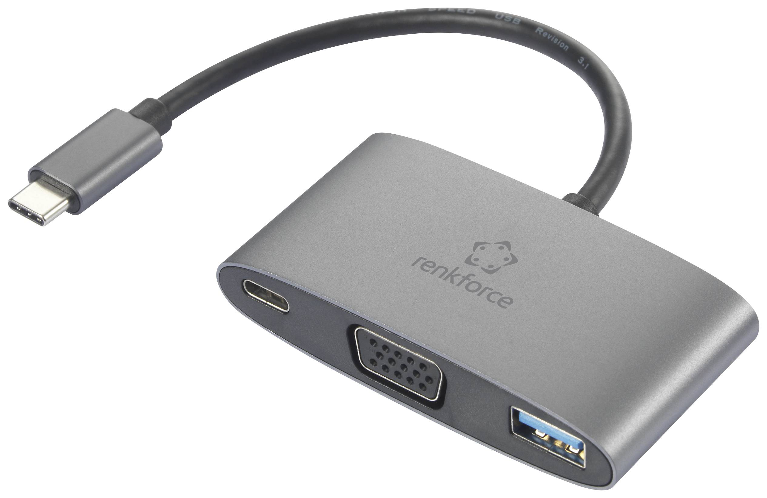 USB-C csatlakozóval és három porttal rendelkező adapter: USB-A, USB-C és VGA. Márkalogó az előlapon.