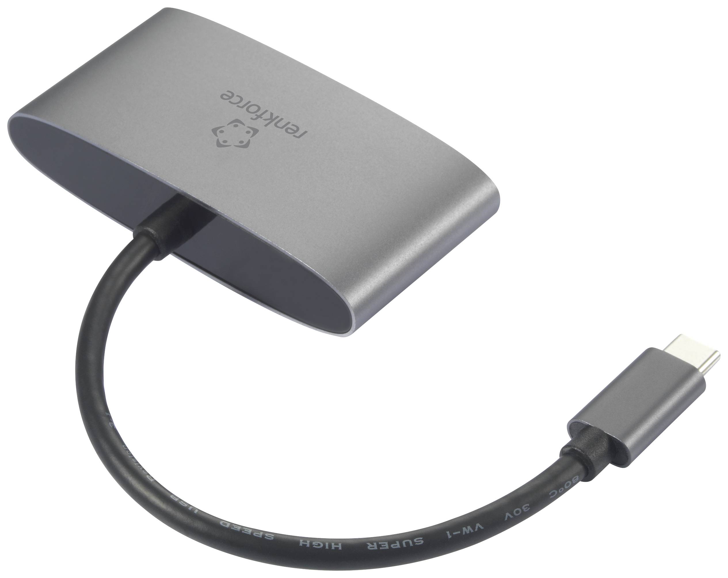 Egy ezüstszínű USB-C-adapter rövid kábellel, amely egy USB-C-csatlakozóban végződik. Az adapteren a 'techforce' logó látható.