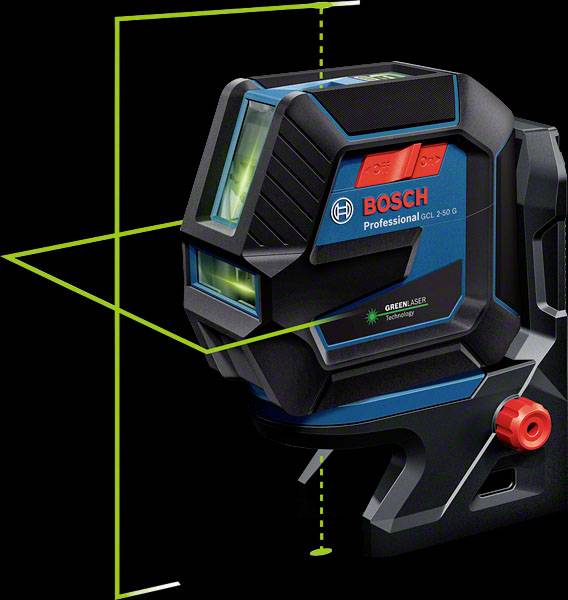 Bosch lézer-vízmérő, GCL 2-50 G modell, vízszintes és függőleges zöld vonalakat vetít a pontos beállításhoz.