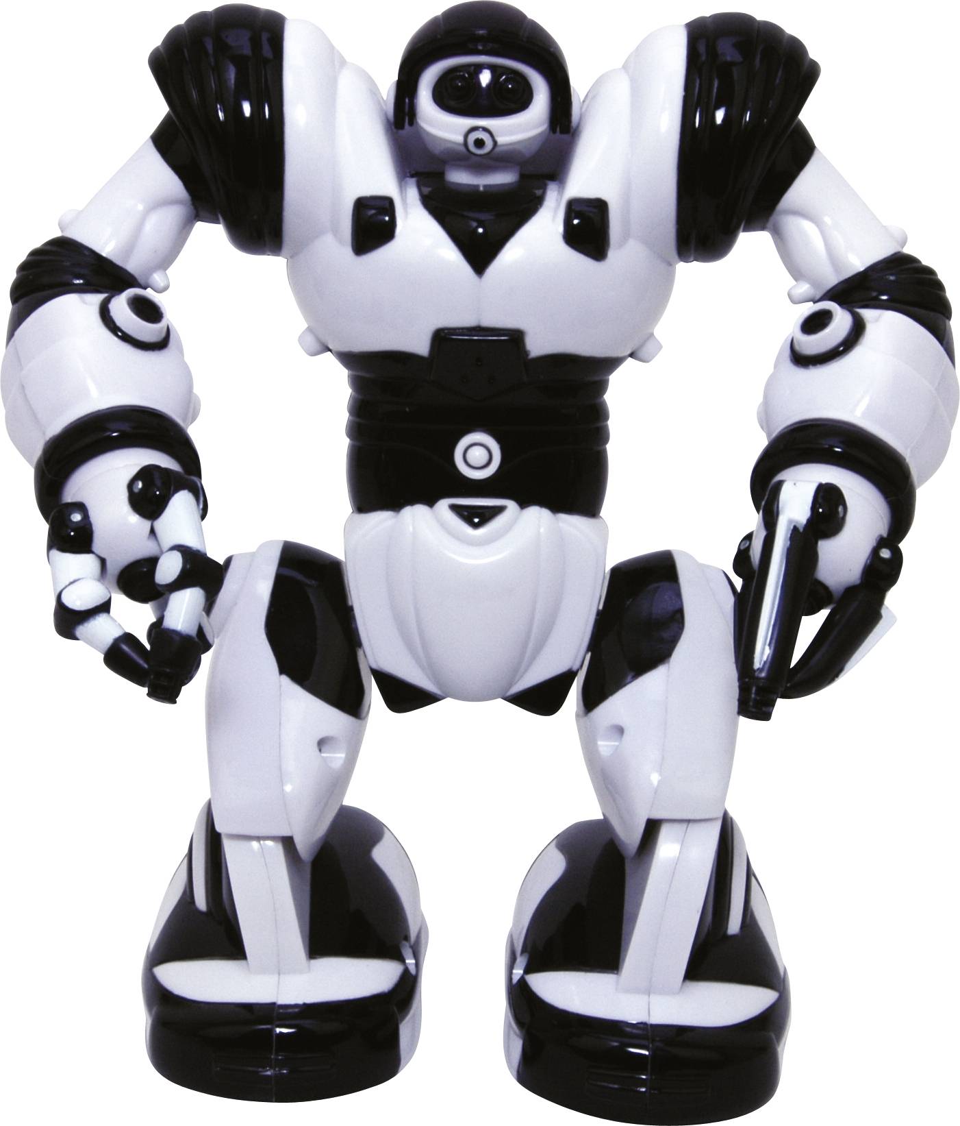 Egy futurisztikus robot fekete-fehér páncélzattal, hatalmas karokkal és lábakkal, egyenesen áll és semleges testtartást vesz fel.
