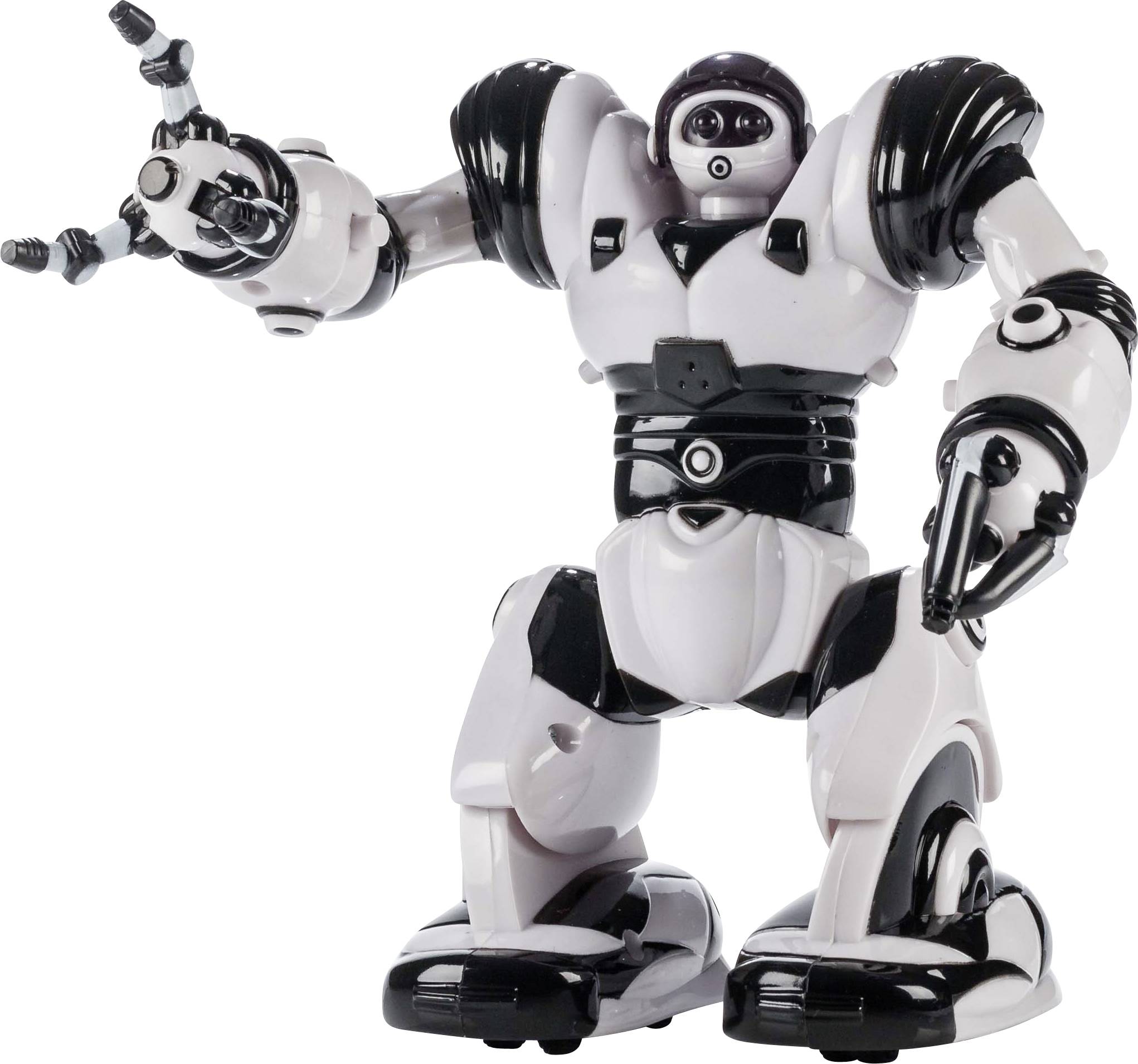 Egy fehér és fekete robot áll egyenesen, fogazott fogókarokkal.