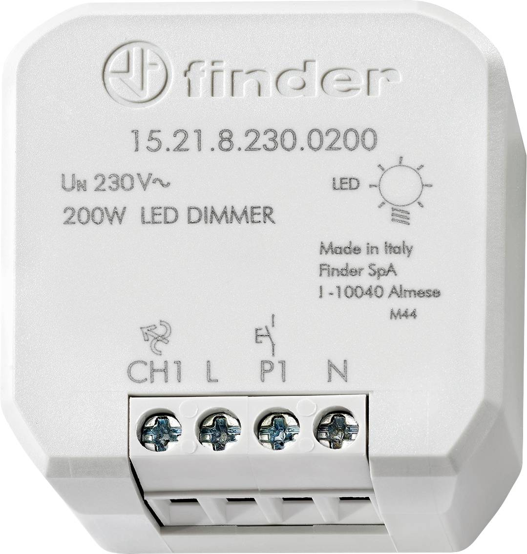 Egy fehér LED-dimmert 230V-hoz, maximum 200W-ig. A 'Finder 15.21.8.230.0200' felirattal ellátva. Csatlakozókkal rendelkezik és Olaszországban gyártott.