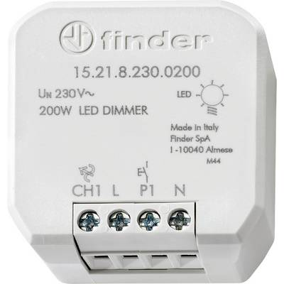 Egy fehér LED-dimmert 230V-hoz, maximum 200W-ig. A 'Finder 15.21.8.230.0200' felirattal ellátva. Csatlakozókkal rendelkezik és Olaszországban gyártott.