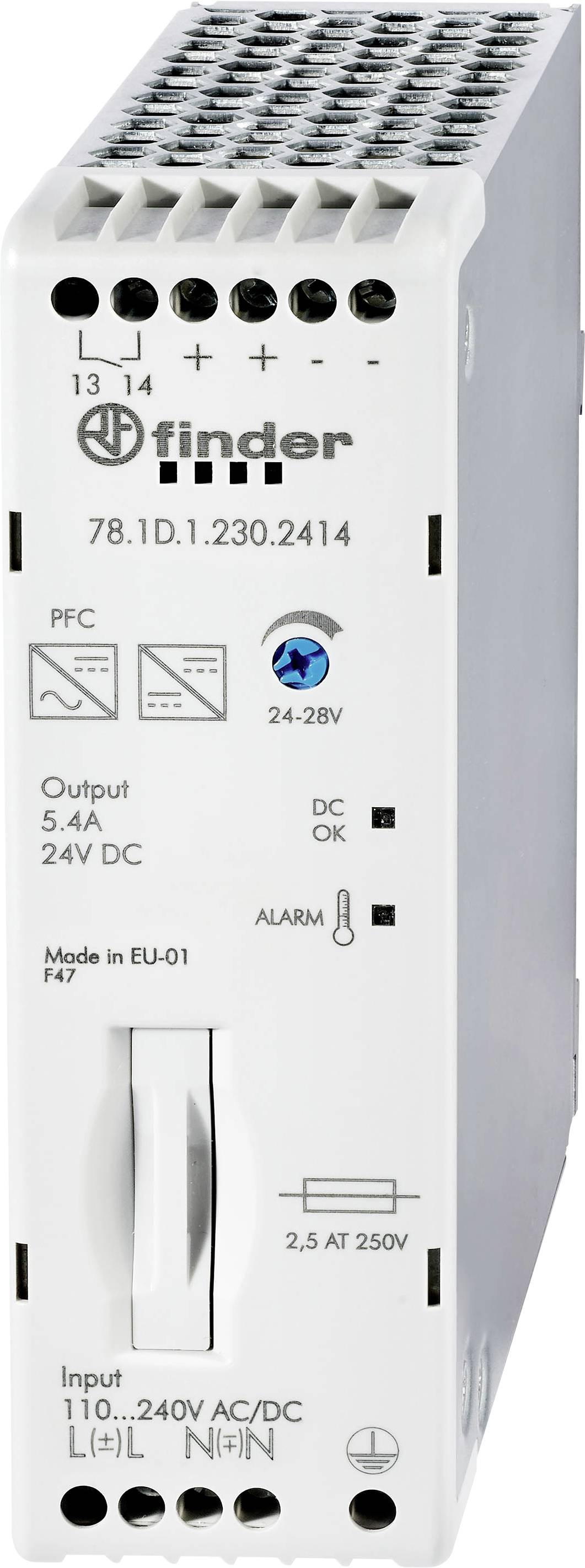 Finder 78.1D.1.230.2414 Kalapsínes tápegység 24 V/DC 5.4 A 130 W Tartalom, tartalmi egységek rendelésenként 1 db