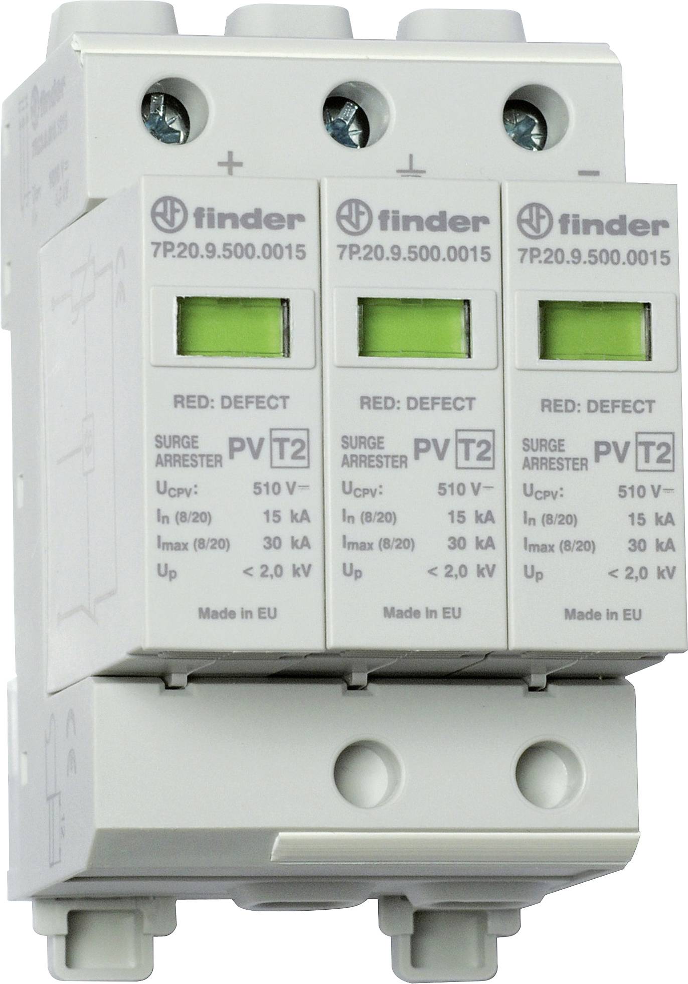 Túlfeszültség-levezető három modullal, márkanév és műszaki specifikációk az előlapon, zöld jelzők az üzemi állapotról.