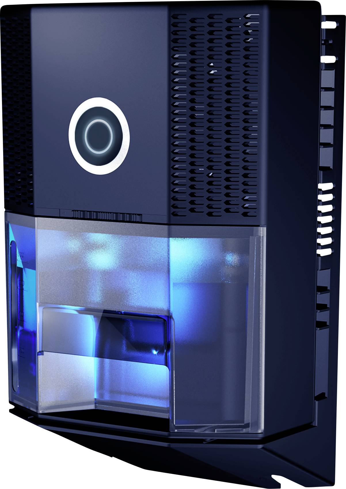 Fekete, téglalap alakú elektronikus víztisztító, kék háttérvilágítással és központi, köralakú kezelőpanellel a tetején.