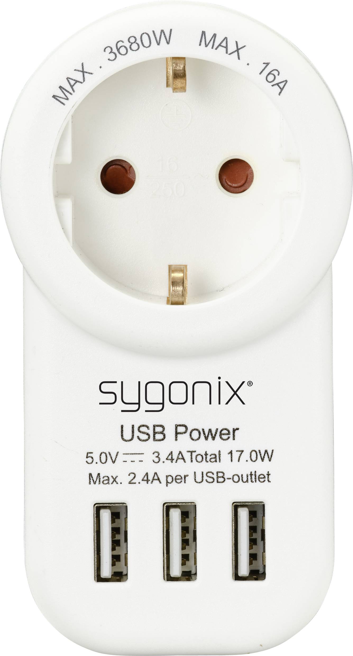 'Fehér csatlakozóaljzat USB-portokkal. Felirat: Sygnonix USB Power. Maximális teljesítmény: 3680W, 16A, 5V, 3.4A, 17W összesen.'