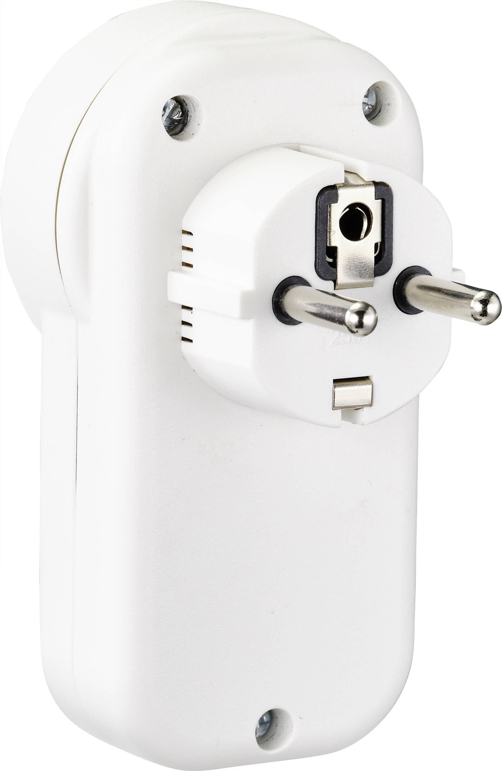 Egy fehér közbülső adapter dugaljjal és csatlakozóval, amely elektromos készülékek bővítésére vagy vezérlésére szolgál.