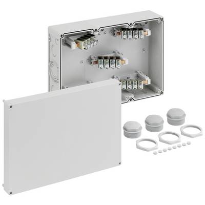 Nyitott elektromos csatlakozódoboz, benne belső kábelezés kapcsokkal. Mellette fedél, kábelszorítók és tömítések.