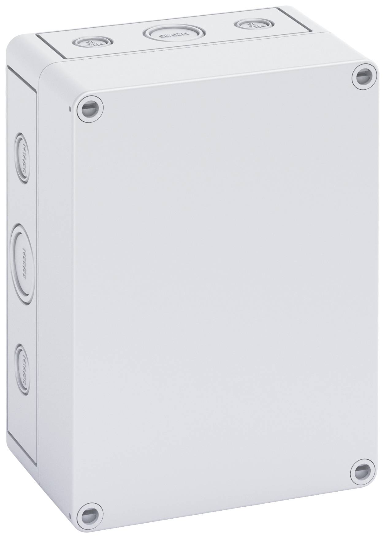 Téglalap alakú, szürke ház lekerekített sarkokkal. Elektromos vagy elektronikai komponensek számára alkalmas. Több kábelbevezetés az oldalain.