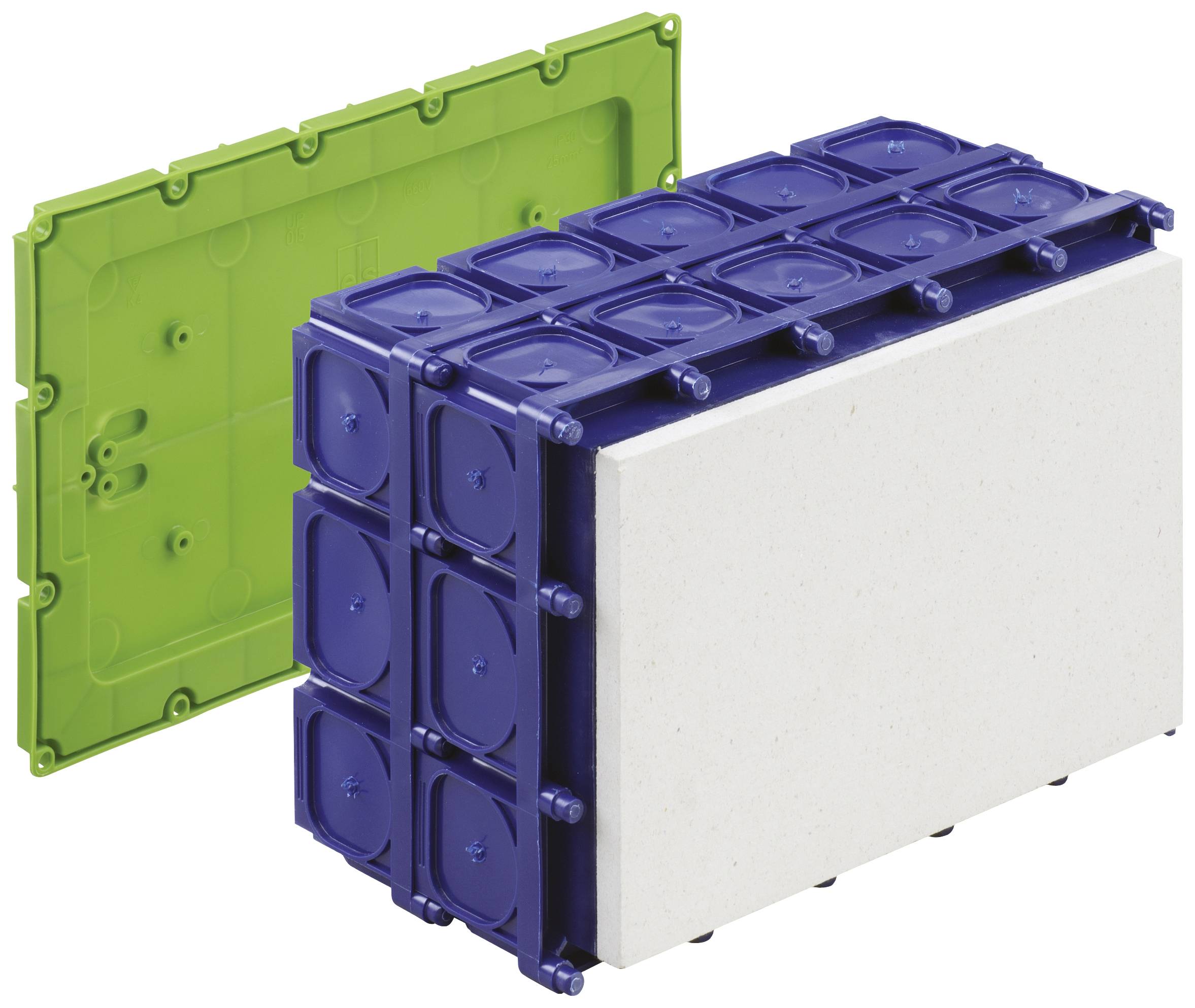 Zöld raszterkeretű és kék csatlakozókeretes elektromos aljzatok egymás mellett. Professzionális elektroszerelési anyagok.