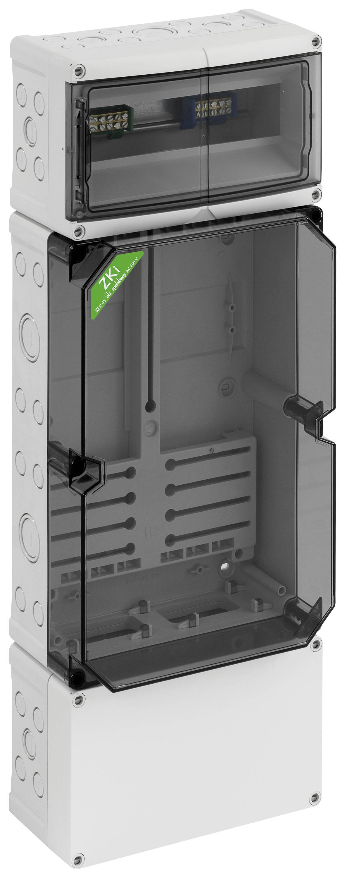 Átlátszó fedéllel ellátott műanyag elosztódoboz, amely mutatja a belső rögzítési pontokat és a különböző be- és kimeneti csatlakozásokat az oldalán.