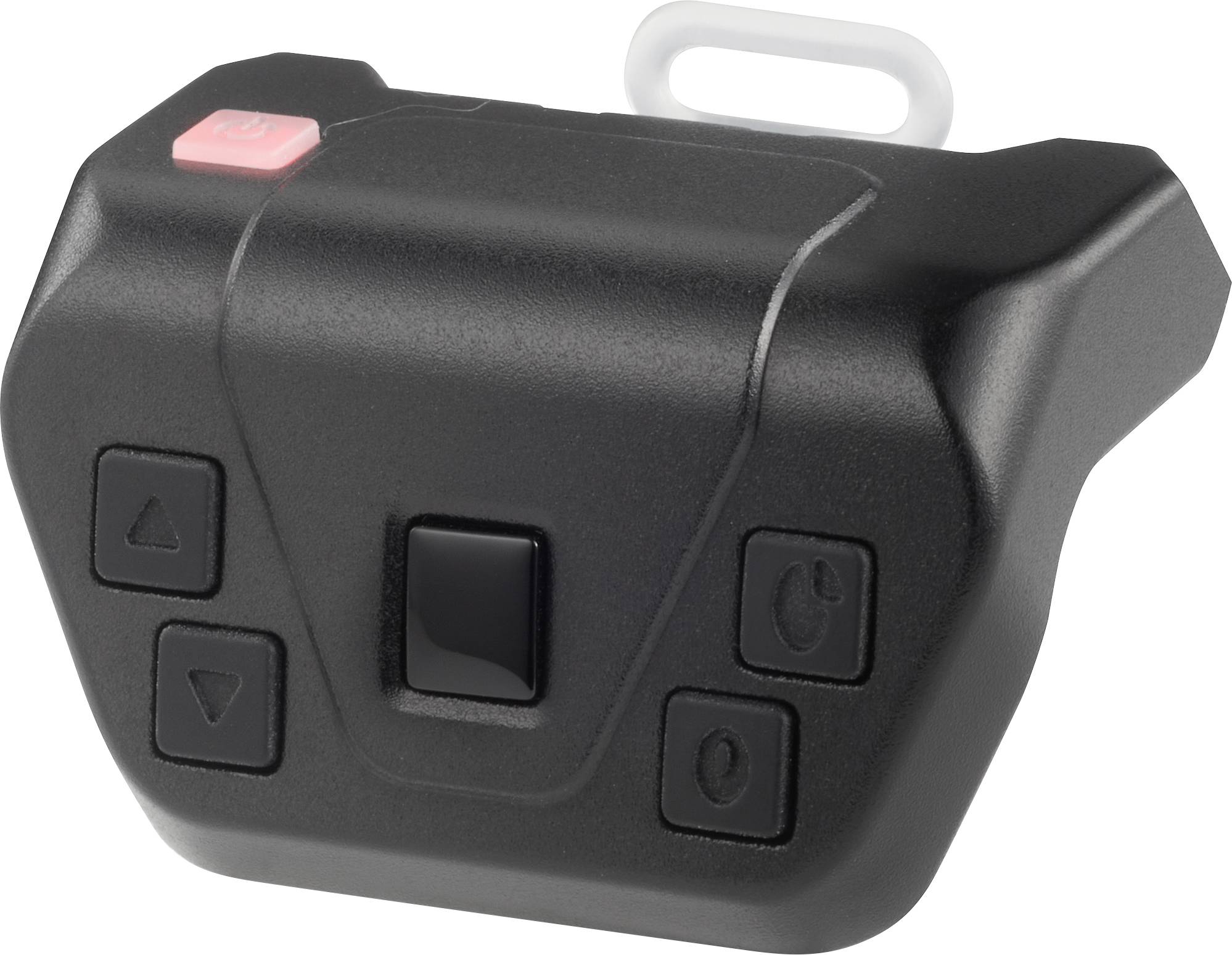 Egy fekete, téglalap alakú kontroller több gombbal, amelyek között bal felül egy piros gomb helyezkedik el, formázott műanyag borítással körülvéve.