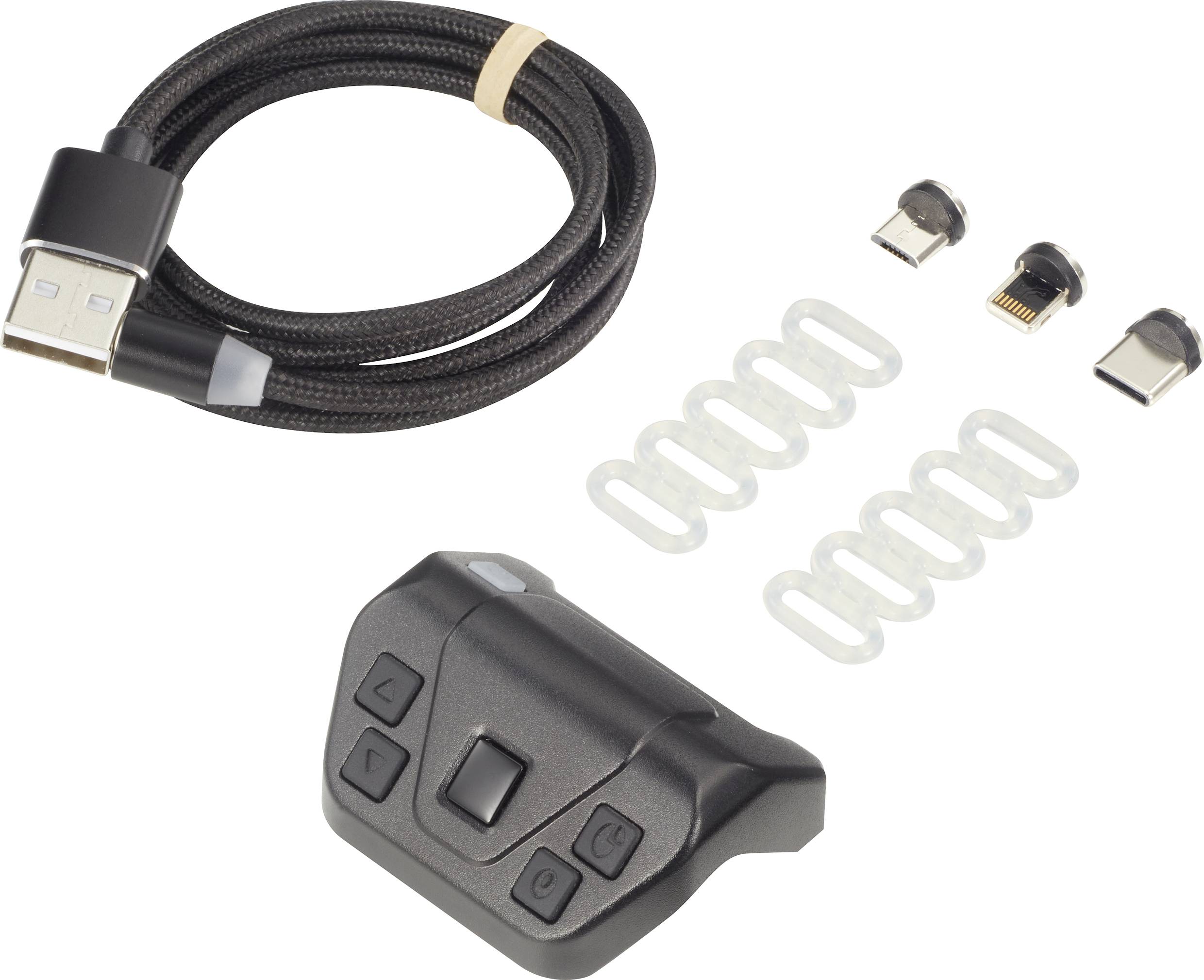 Egy USB-kábel és adapter szett egy vezérlőegységgel, amely több kisméretű gombbal rendelkezik, valamint fehér műanyag csipeszek a rögzítéshez.