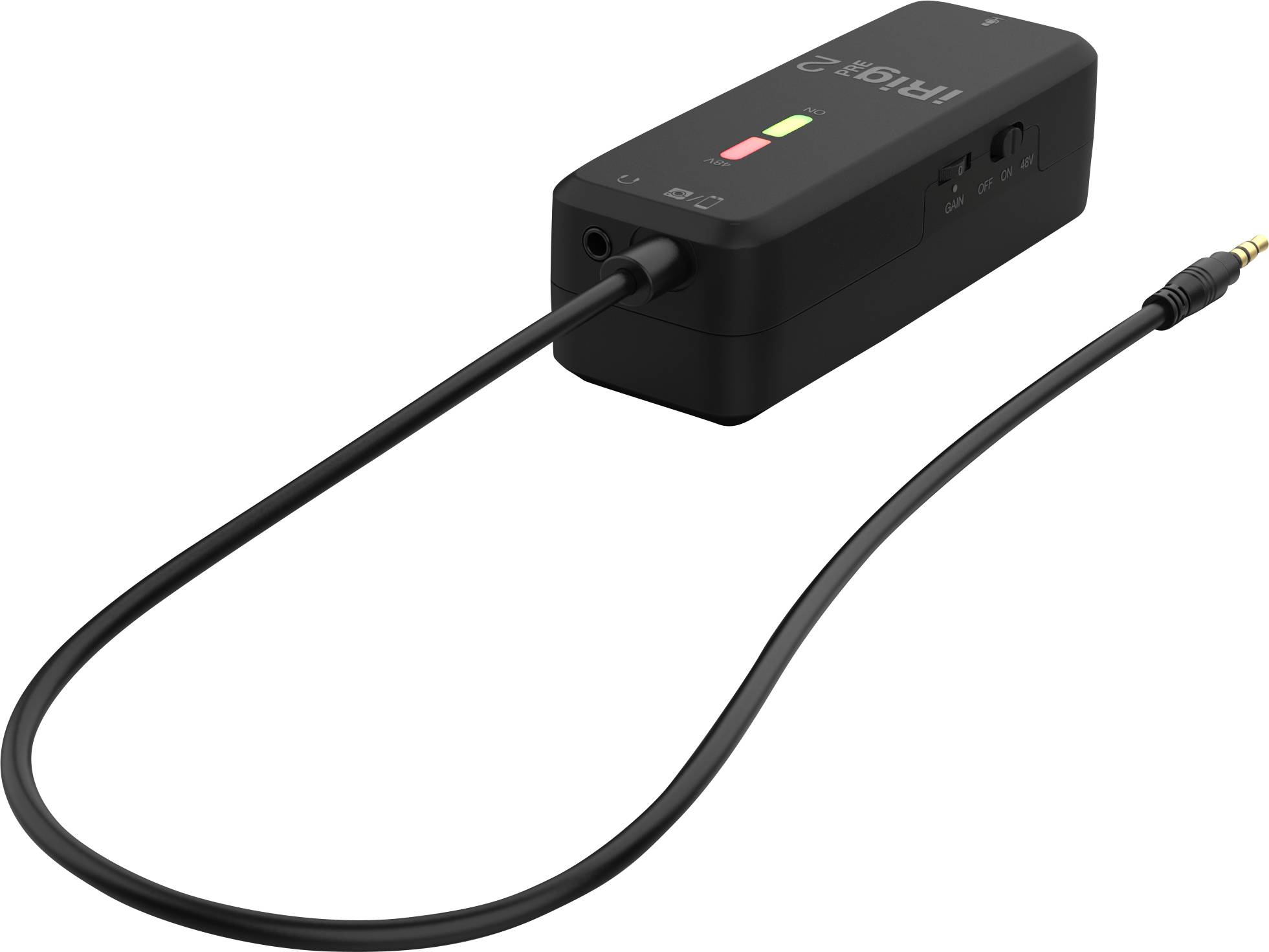 Egy téglalap alakú, fekete audioeszköz kábellel és 3,5 mm-es jack csatlakozóval, zöld és piros fénnyel a felületén.