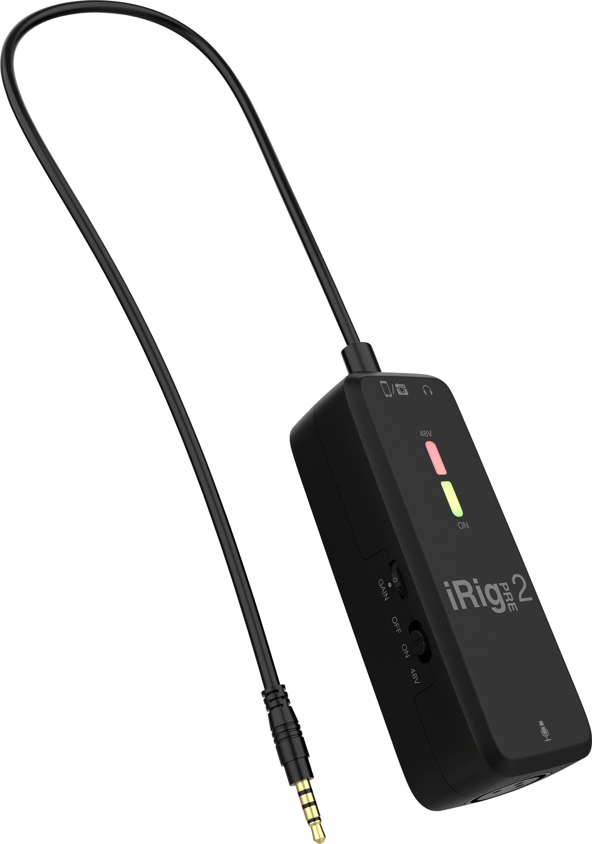 Egy karcsú adapter 'iRig 2' felirattal. Rendelkezik egy 3,5 mm-es csatlakozóval ellátott kábellel. Jelző- és tápellátás-visszajelző lámpákkal.
