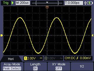 'Oscilloscope screen displays a yellow sine wave with 1.00 V amplitude at 200 µs/division.'