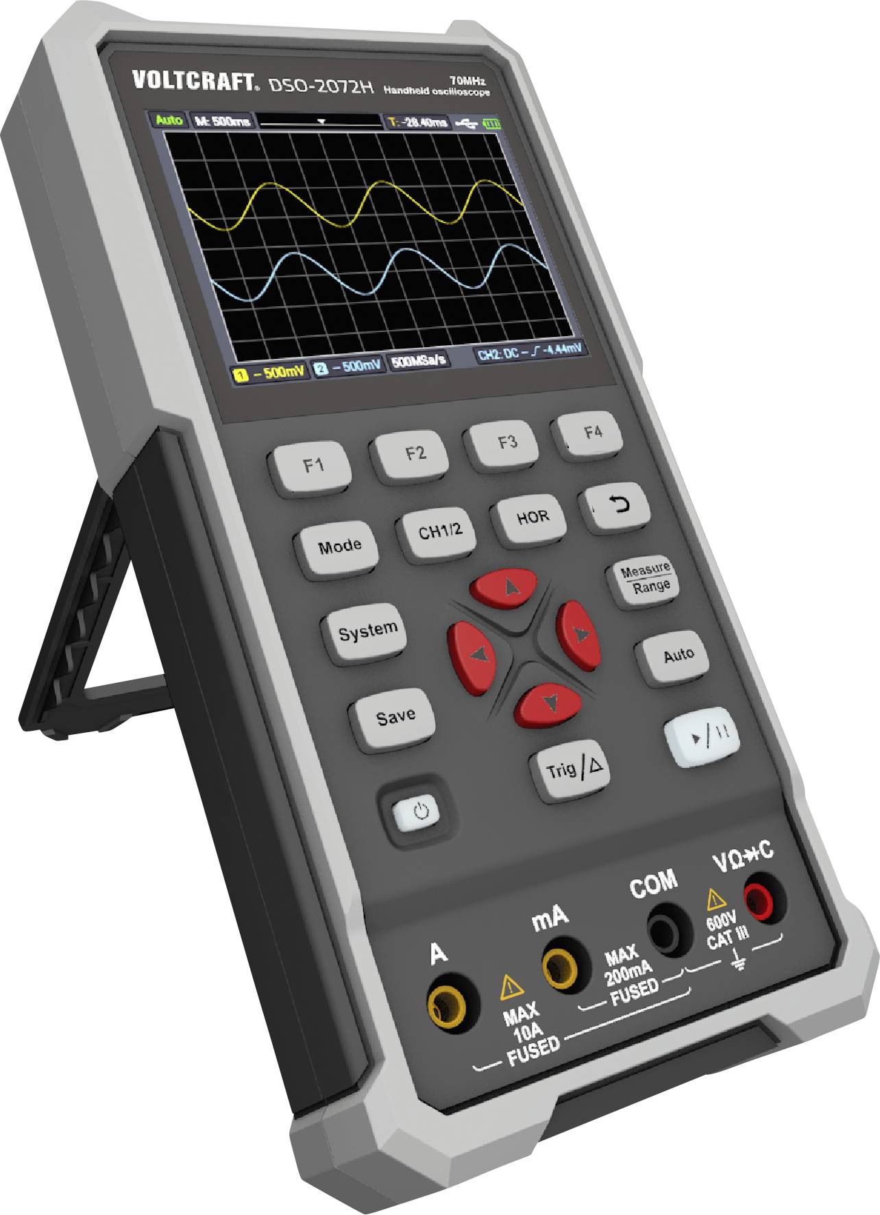 Kézi oszcilloszkóp 70 MHz 2 csatorna 250 Msa/s 8 kpts 8 bit, Voltcraft DSO-2072H