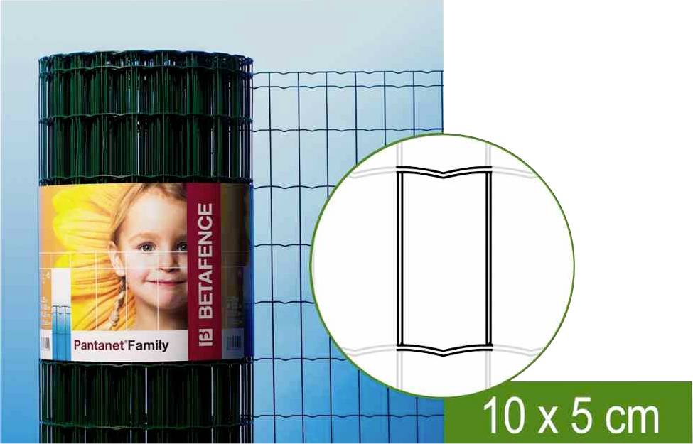 Zöld bevonatos kerítéstekercs 'Pantanet Family' címkével. Jobbra egy diagram, amely a 10 x 5 cm-es hálóméretetet mutatja.