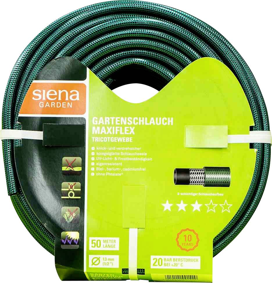 'Siena Garden Maxiflex kerti tömlő, 50 m hosszúság, 1/2'' átmérő, 20 bar nyomásállóság, 10 év garancia, hajlékony és csavarodásmentes.'