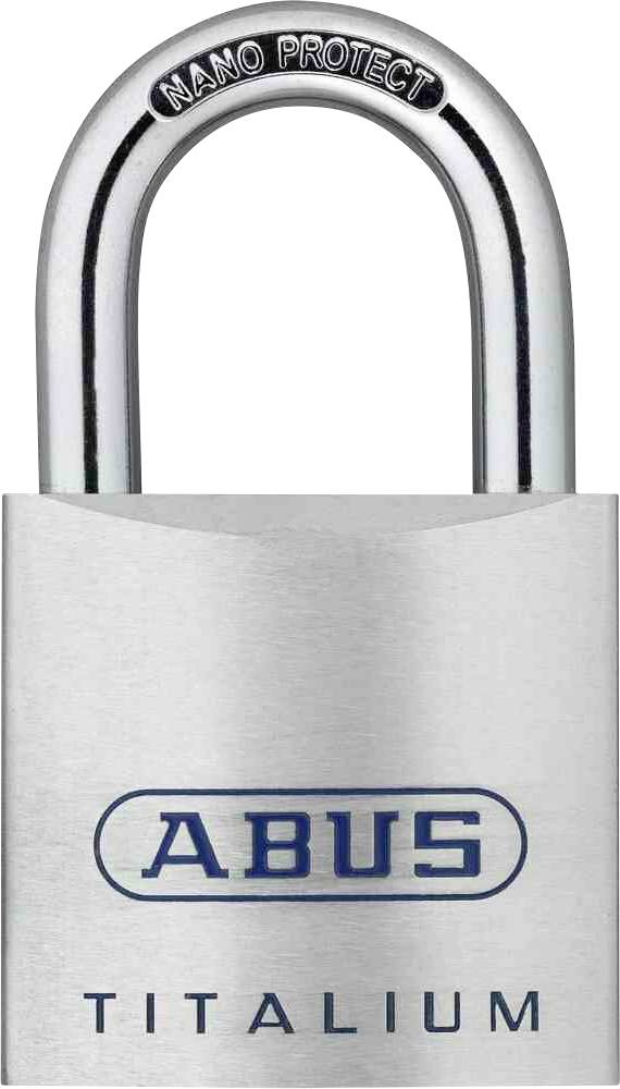 Fémes lakat "ABUS TITALIUM" felirattal, fényes felülettel, robusztus kivitelben, kengyelén "NANO PROTECT" jelöléssel.