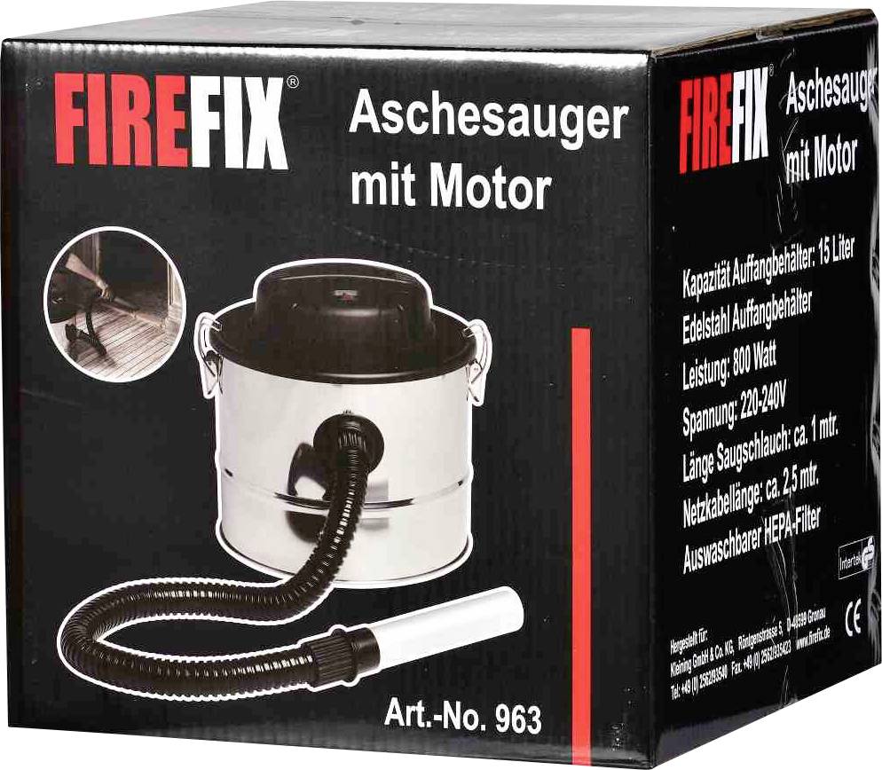 A 'FIREFIX Aschesauger mit Motor' egy fekete-ezüst dobozban lévő hamuporszívó. Kapacitás: 15 liter, teljesítmény: 800 watt.