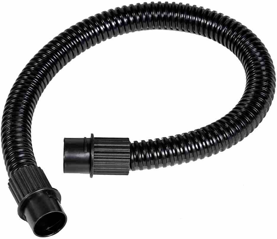 Fekete, rugalmas műanyag tömlő bordázott kialakítással, alkalmas porszívóhoz vagy hasonló eszközökhöz történő csatlakoztatásra.