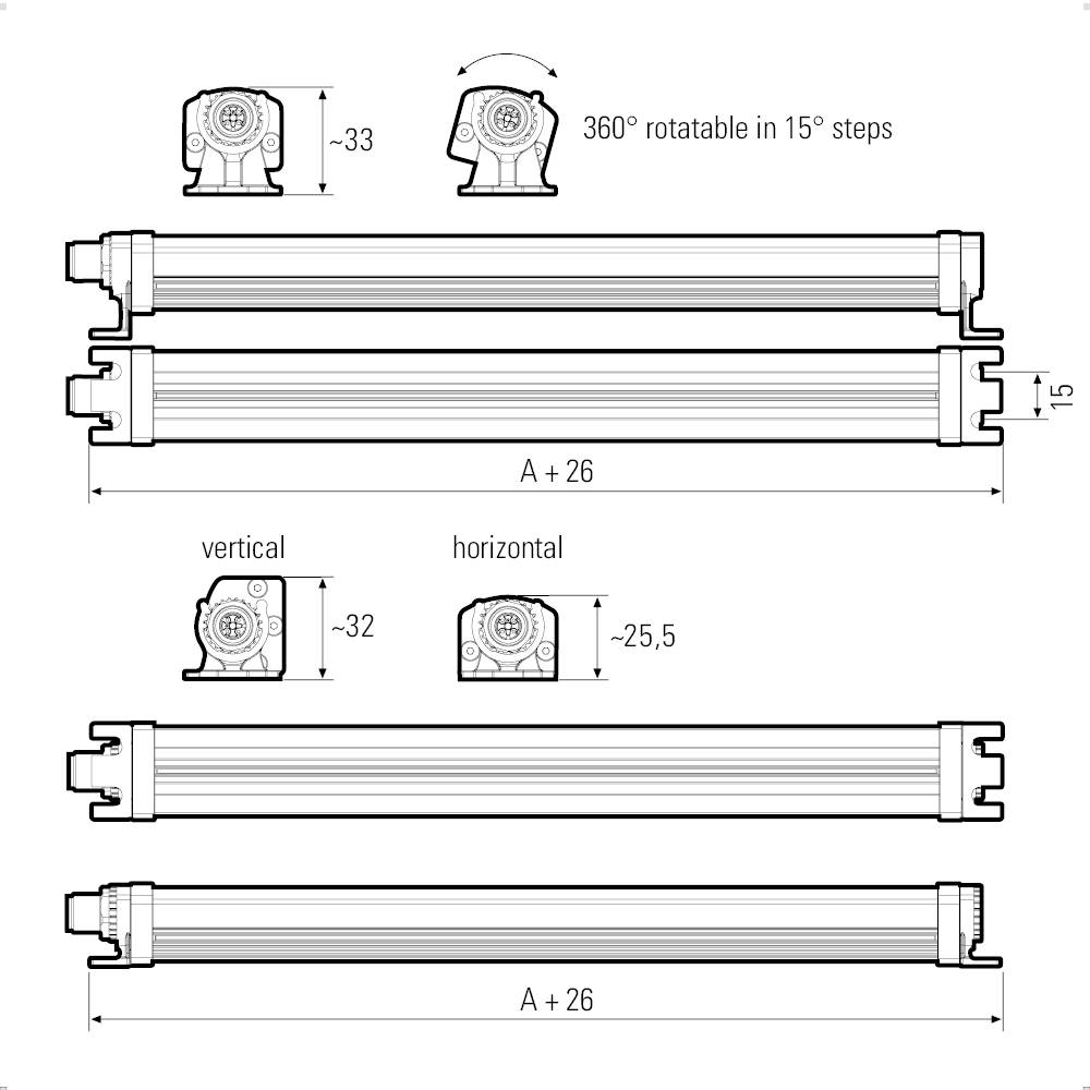 A diagram forgóképes lámpákat mutat méretjelöléssel: 360°-ban forgatható 15°-os lépésekben, A+26 méret, függőlegesen -32, vízszintesen -25,5.