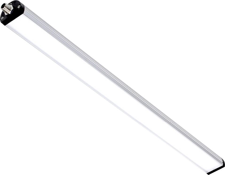 Egy hosszú, téglalap alakú LED-lámpa ezüst keretben, mennyezetre szerelhető. Kiváló beltéri világításhoz.