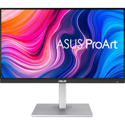 Egy ASUS ProArt monitor színes, absztrakt háttérrel a kijelzőjén. A monitor ezüst állványon áll.