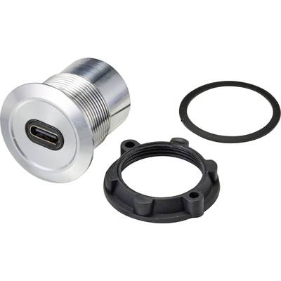 USB-C csatlakozó ezüst burkolattal, tömítőgyűrűvel és fekete rögzítőelemmel. Elektronikus eszközökbe történő beépítésre alkalmas.