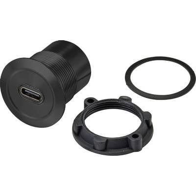 Egy fekete USB-C csatlakozódugó levehető tömítőgyűrűkkel és tartóval, járműszerelésre alkalmas.