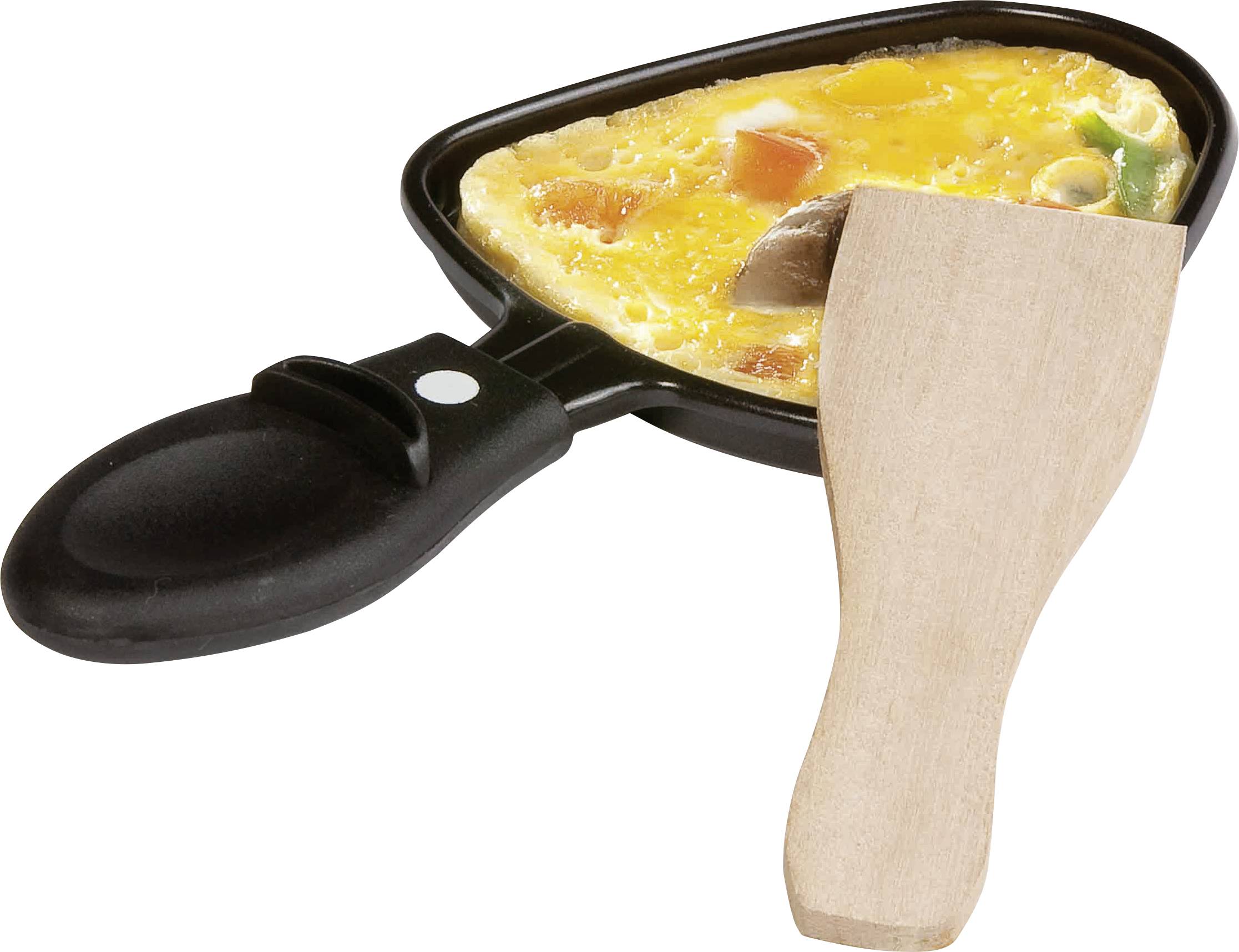 Raclette-serpenyő vegyes zöldséges-sajtos omelettel és fa spatulával.