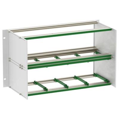 Egy háromszintes, zöld elemekből álló fém állvány, elektronikai vagy elektromos berendezések rögzítésére tervezve.