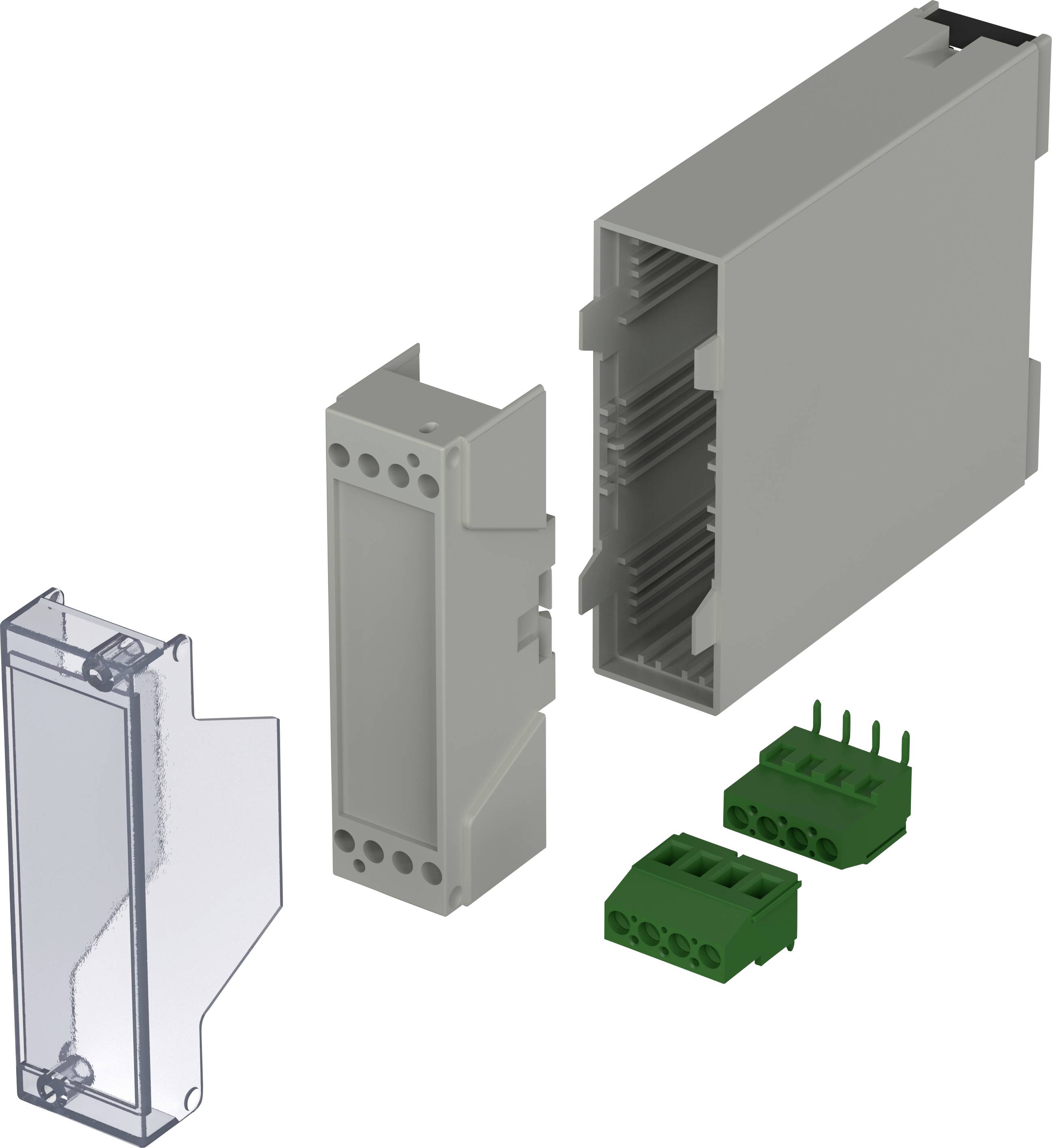 Elektronikus ház szett átlátszó fedéllel, szürke házzal és zöld csatlakozó sorkapcsokkal, elektromos alkalmazásokhoz.