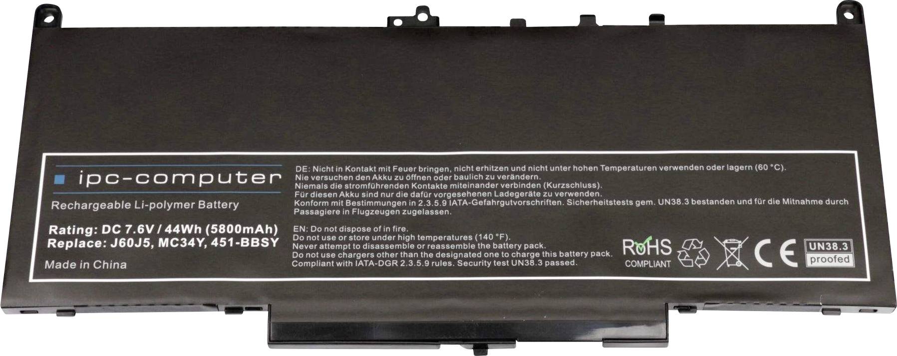 'ip-computer' újratölthető Li-Polymer akkumulátor, 7.6V/44Wh, 5800mAh. Csere a J60J5, MC34Y, 451-BBSY típusokhoz. Biztonsági útmutató. Gyártva Kínában.