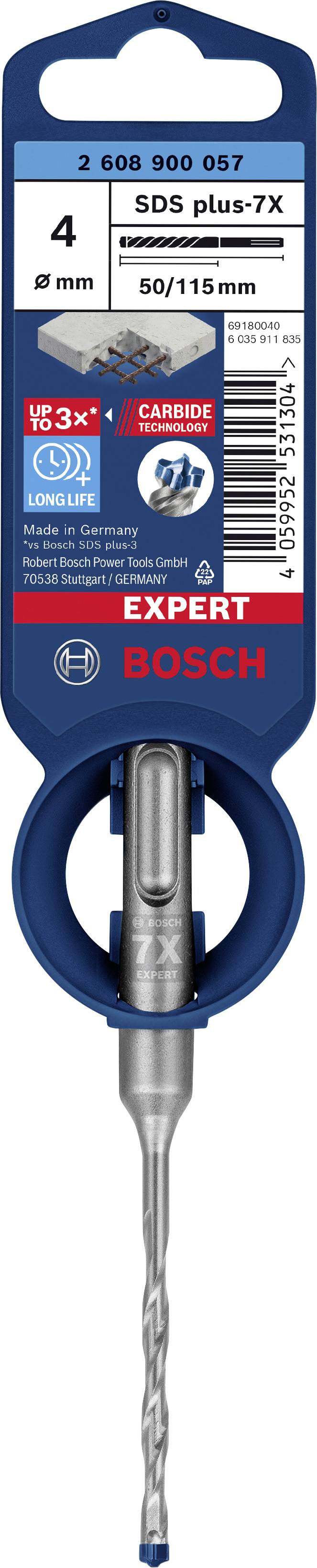 Bosch SDS plus-7X fúrószár, 4 mm átmérő, 50/115 mm hossz, alkalmas kemény betonhoz és megerősített anyagokhoz.