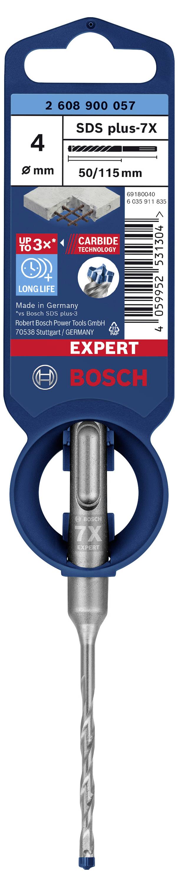 Bosch 'SDS plus-7X' fúrószár, 4 mm átmérő, 50/115 mm hosszúság, beton és vasalt beton fúrásához, tartós keményfém hegyű.