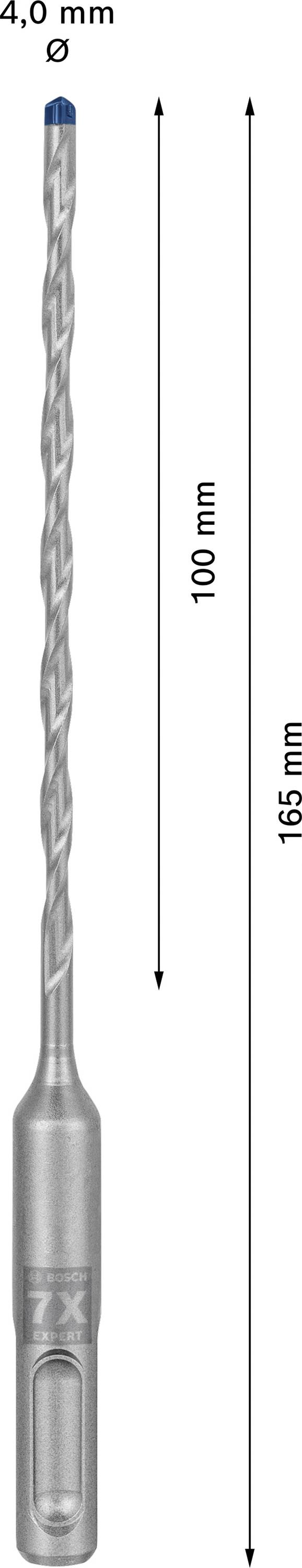 4,0 mm átmérőjű és 165 mm teljes hosszúságú fúrófej; hasznos hossza 100 mm. Ezüstszínű szár spirál fúrófejes kialakítással.
