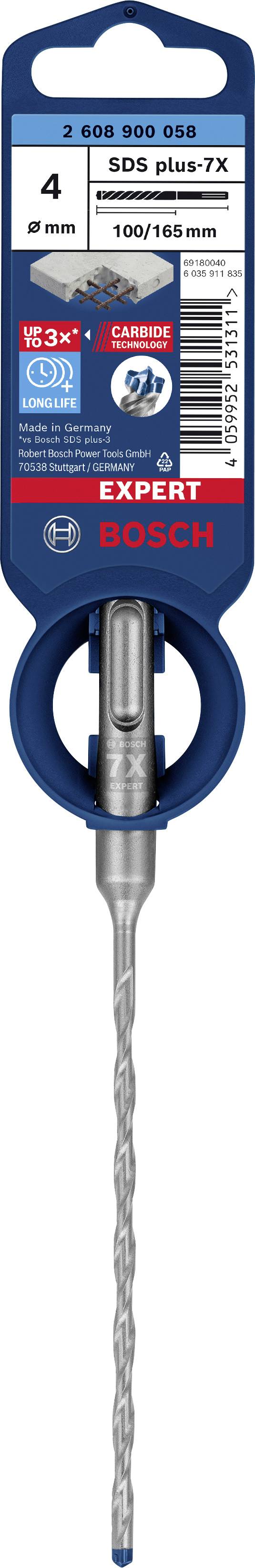 'Bosch SDS plus-7X fúrószár 4x100/165 mm, betonhoz alkalmas. A csomag termékjellemzőket és műszaki specifikációkat mutat.'