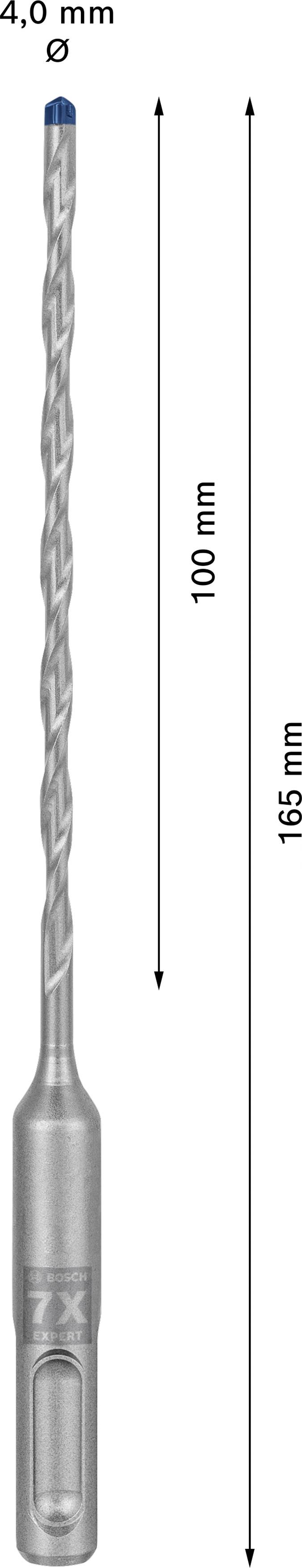 4,0 mm átmérőjű és 165 mm teljes hosszúságú fúró, amely 100 mm hosszú munkaterülettel rendelkezik.