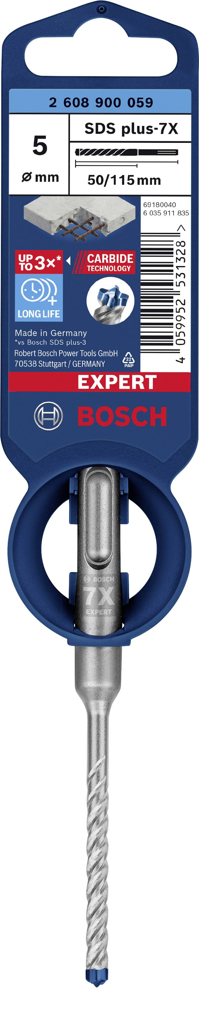 Bosch építési és fúró tartozékok: SDS-plus-7X fúrószár 5 mm átmérővel, 50/115 mm hosszúságban, megerősített fejjel és tartós teljesítménnyel.