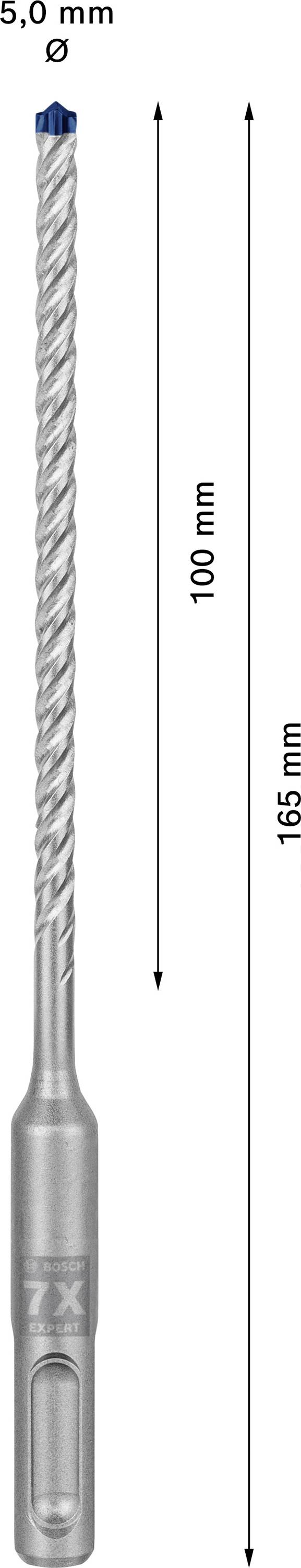 5,0 mm átmérőjű fúrófeltét, 100 mm hosszúságú, 165 mm teljes hosszúságú.