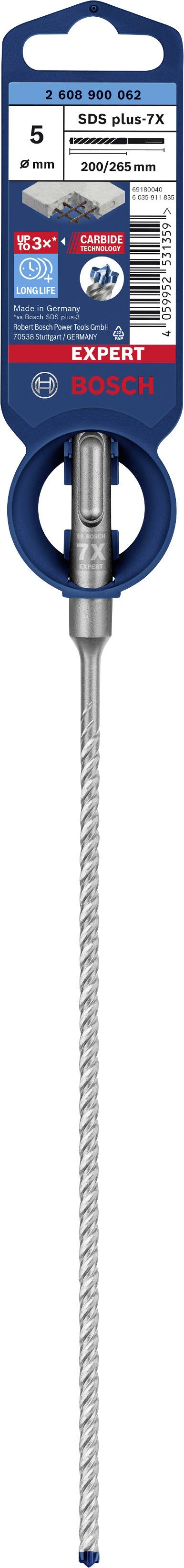 Bosch 'SDS-Plus-7X' fúrószár, 5x50x115mm, alkalmas betonhoz és vasbetonhoz; csomagolási nézet, címkével és műszaki részletekkel.