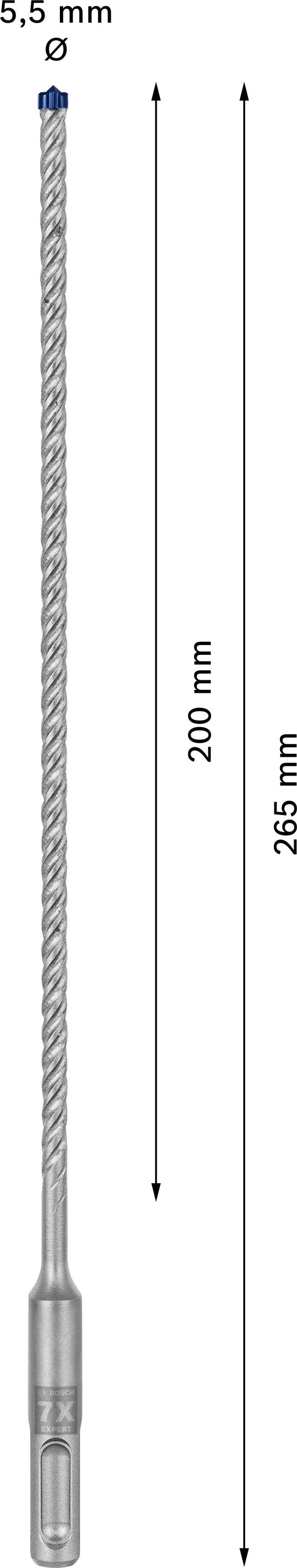 'Fúró 5,5 mm átmérővel, teljes hossz 265 mm, megmunkálási hossz 200 mm.'